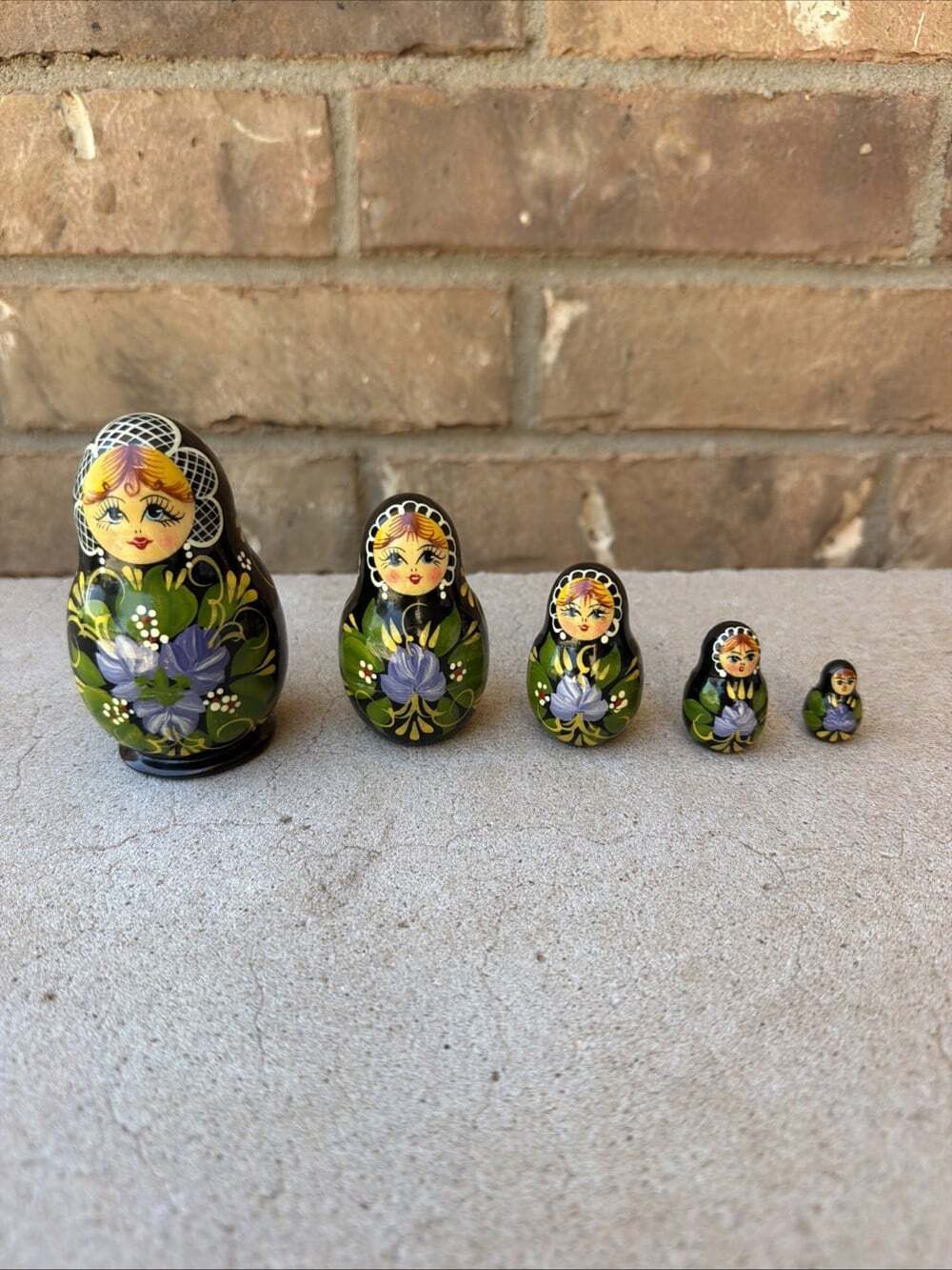 Hand-Painted Matryoshka Nesting Dolls Set 5 Black Floral Russian Dolls Vintage